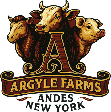 Argyle Farms crest — ram, steer, and pig around a serif A, banner reading Argyle Farms, Andes New York